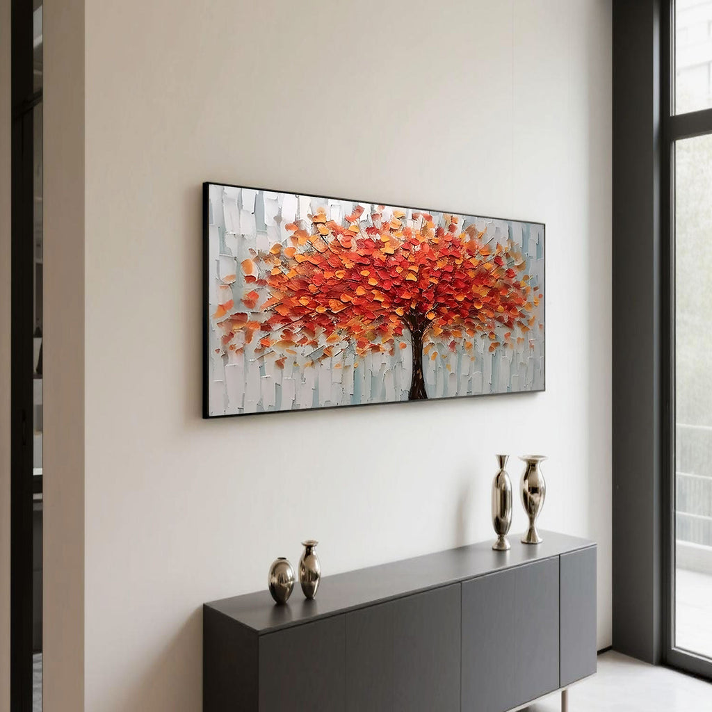 Hallway featuring 3D floral wall art with autumn tree motif.