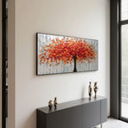 Hallway featuring 3D floral wall art with autumn tree motif.