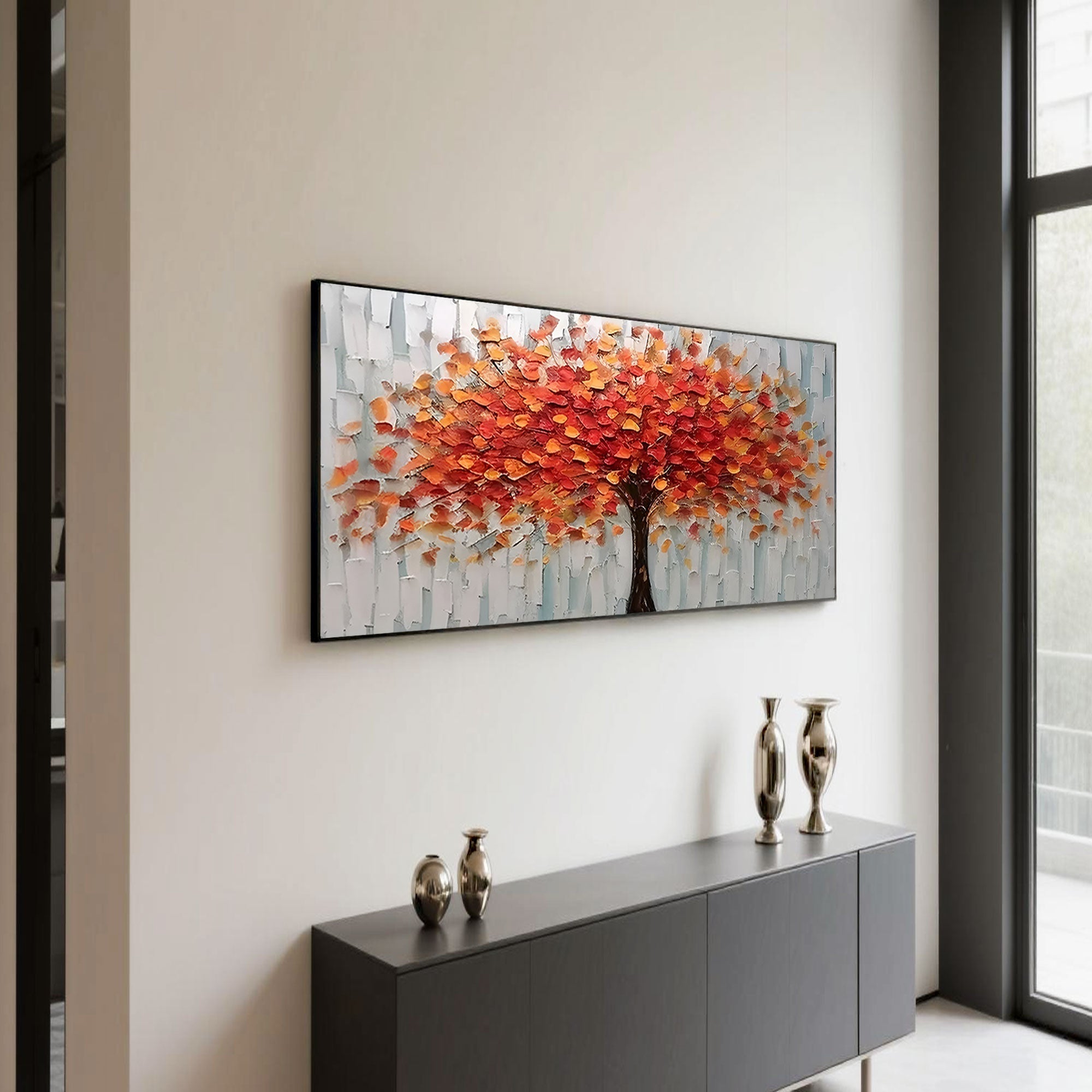 Hallway featuring 3D floral wall art with autumn tree motif.
