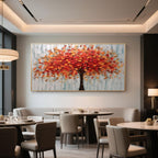 Modern abstract floral canvas art with red, orange, and gold autumn tree.