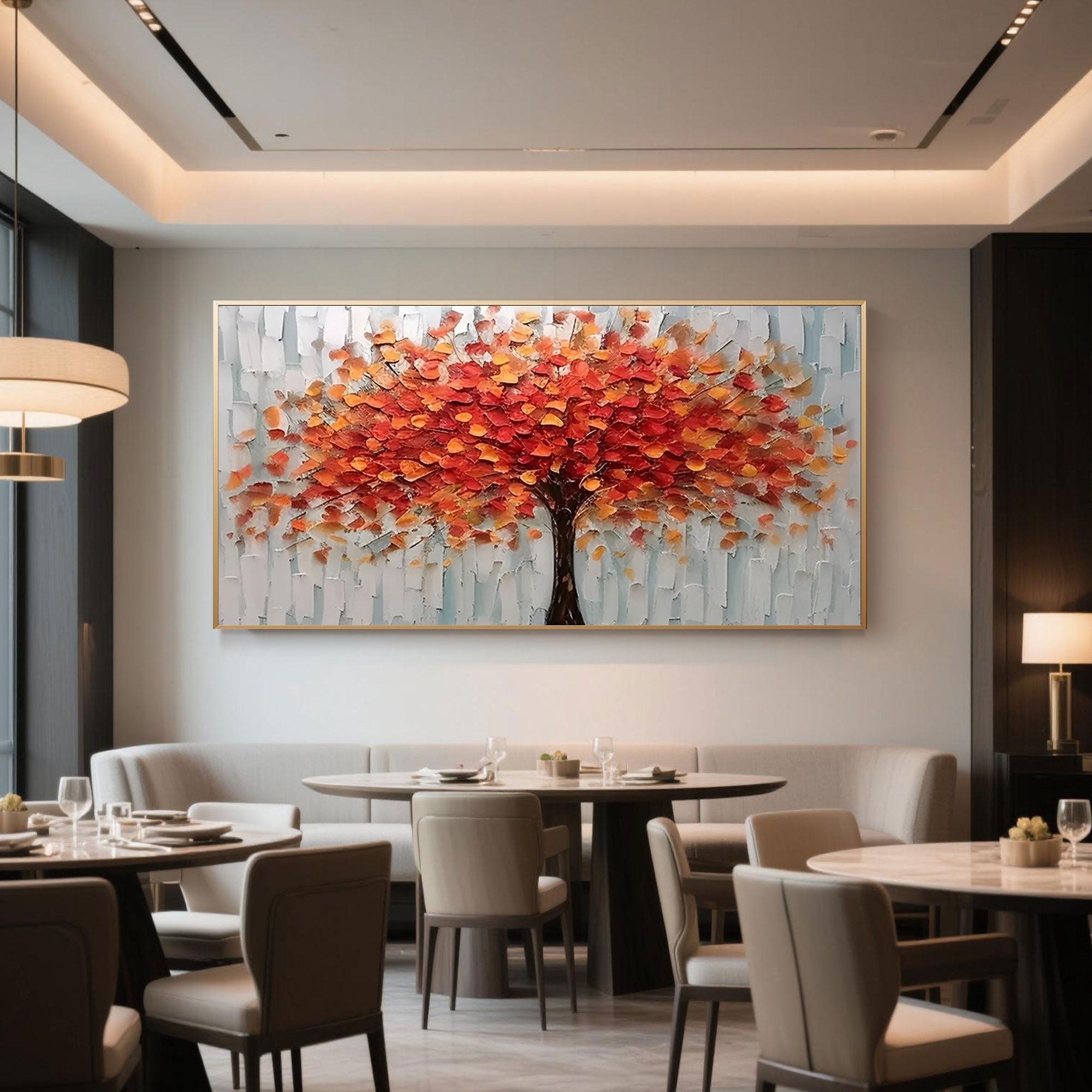 Modern abstract floral canvas art with red, orange, and gold autumn tree.