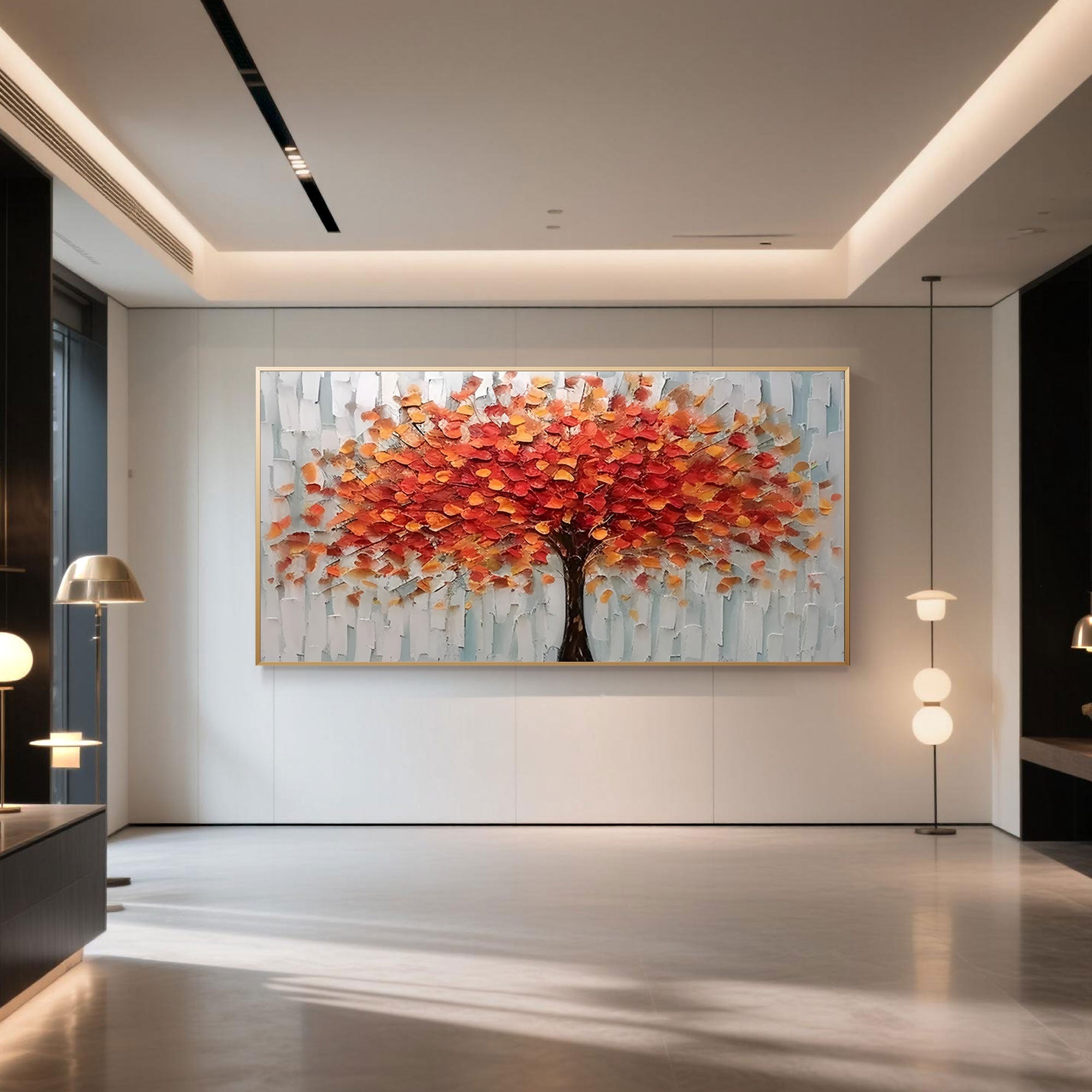 Entryway with red and gold floral wall art adding color and depth.