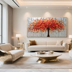 Modern abstract floral canvas art with red, orange, and gold autumn tree.