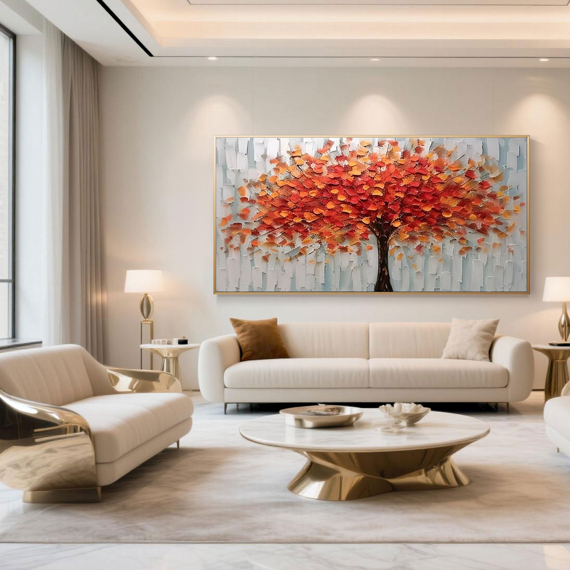 Modern abstract floral canvas art with red, orange, and gold autumn tree.