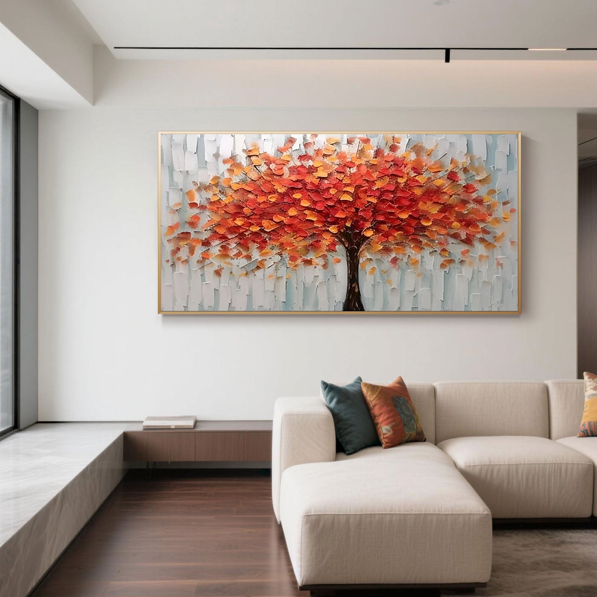 Living room with red-orange floral wall art above a white minimalist sofa.