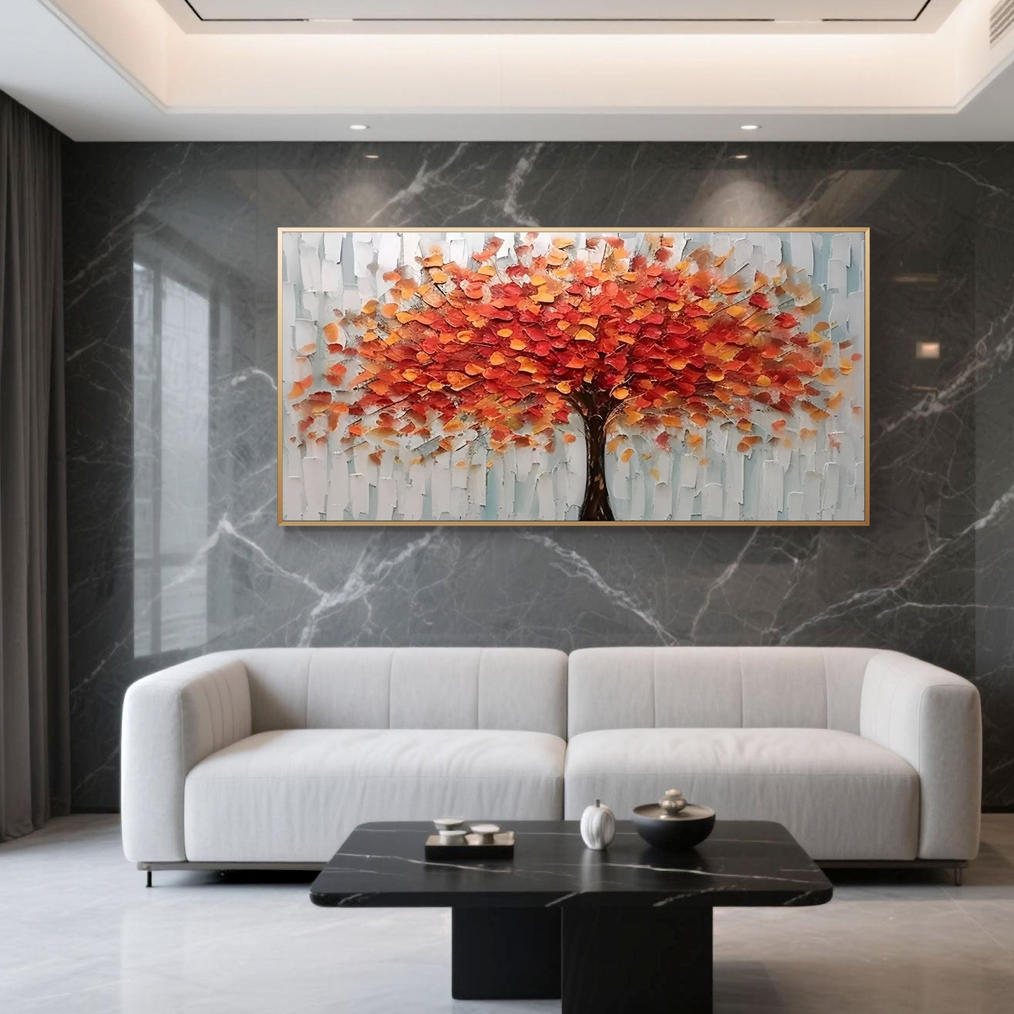 Luxury apartment with abstract floral art in fiery orange and red tones.