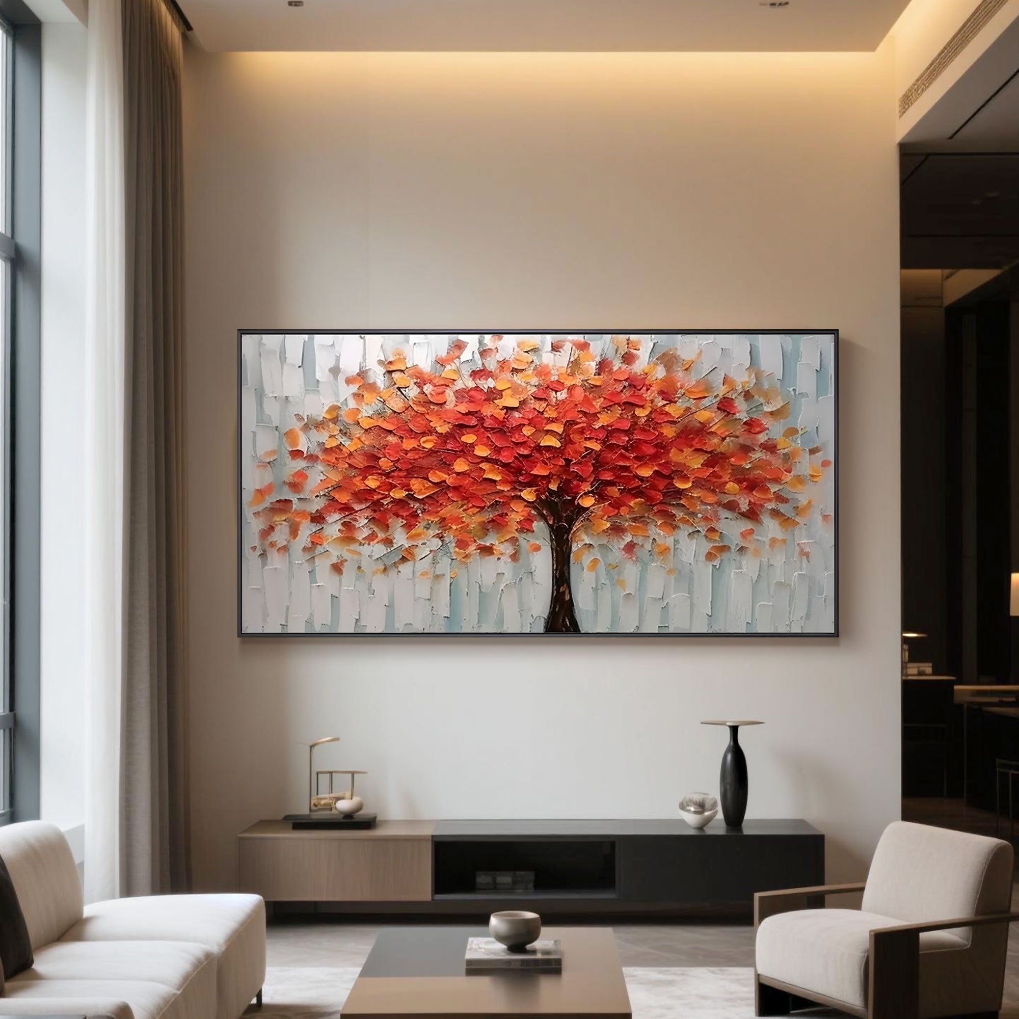 Living space with hand-painted 3D floral wall art on neutral backdrop.