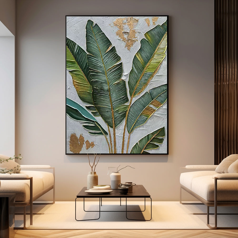 Framed banana leaf botanical art in a contemporary living space.