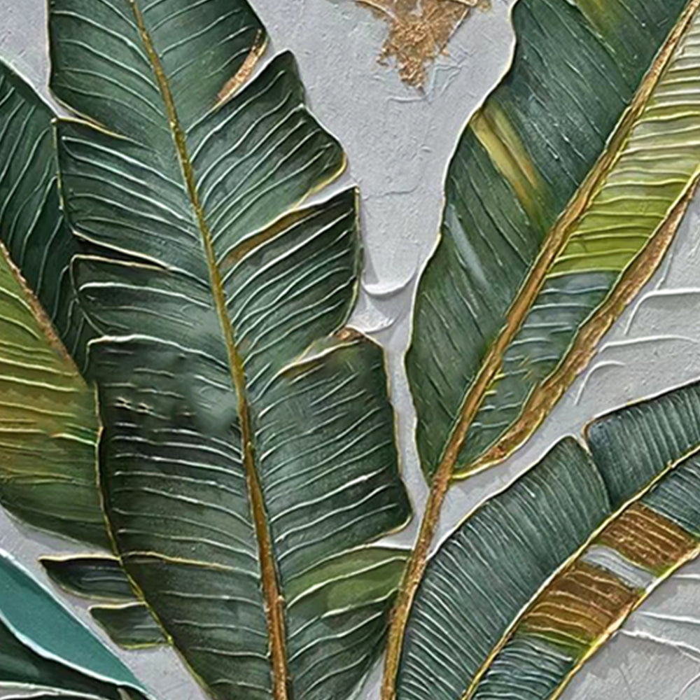 Close-up of textured green banana leaf painting with gold details.