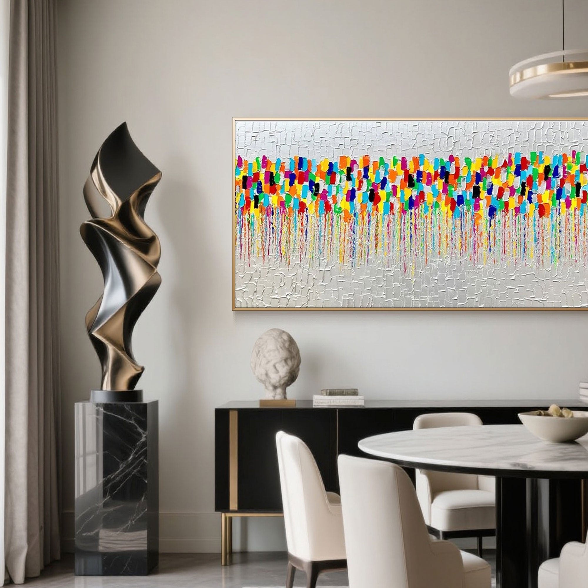 Abstract 'Pulse' canvas art in a modern living room setting.