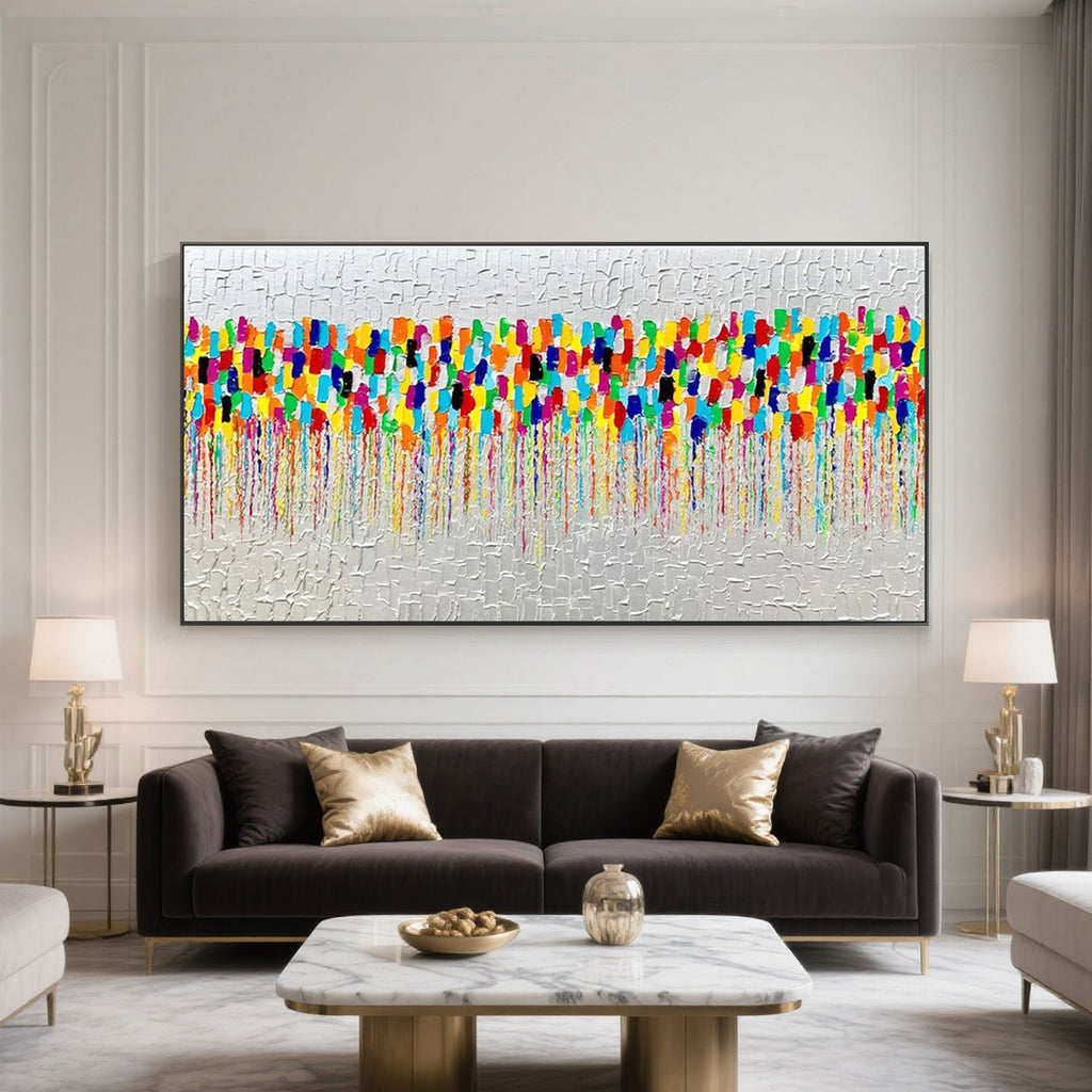 Abstract 'Pulse' canvas art in a modern living room setting.
