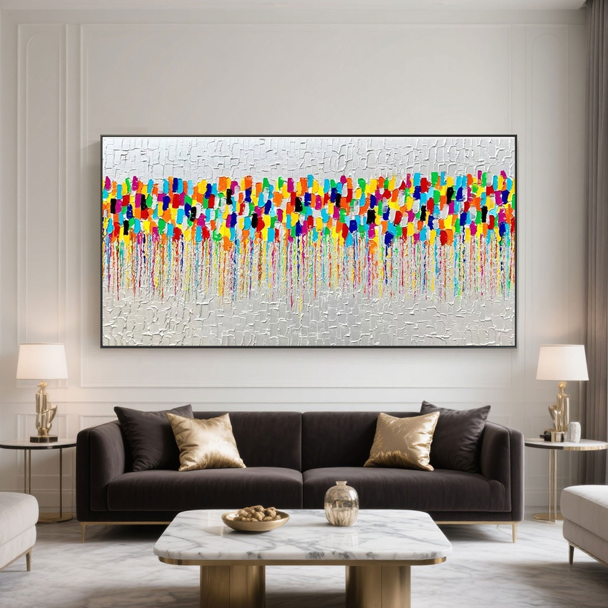 Abstract 'Pulse' canvas art in a modern living room setting.