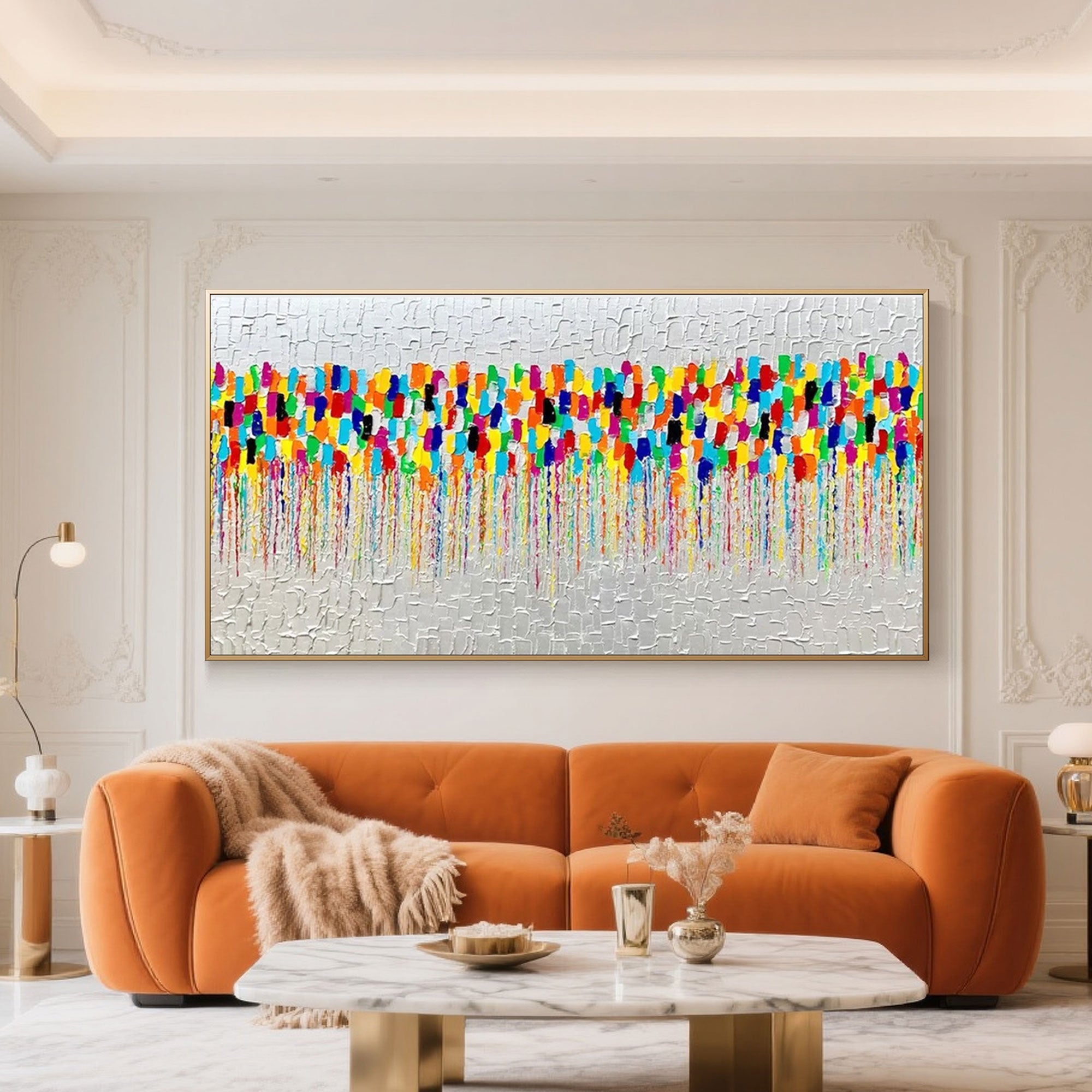 Abstract 'Pulse' canvas art in a modern living room setting.