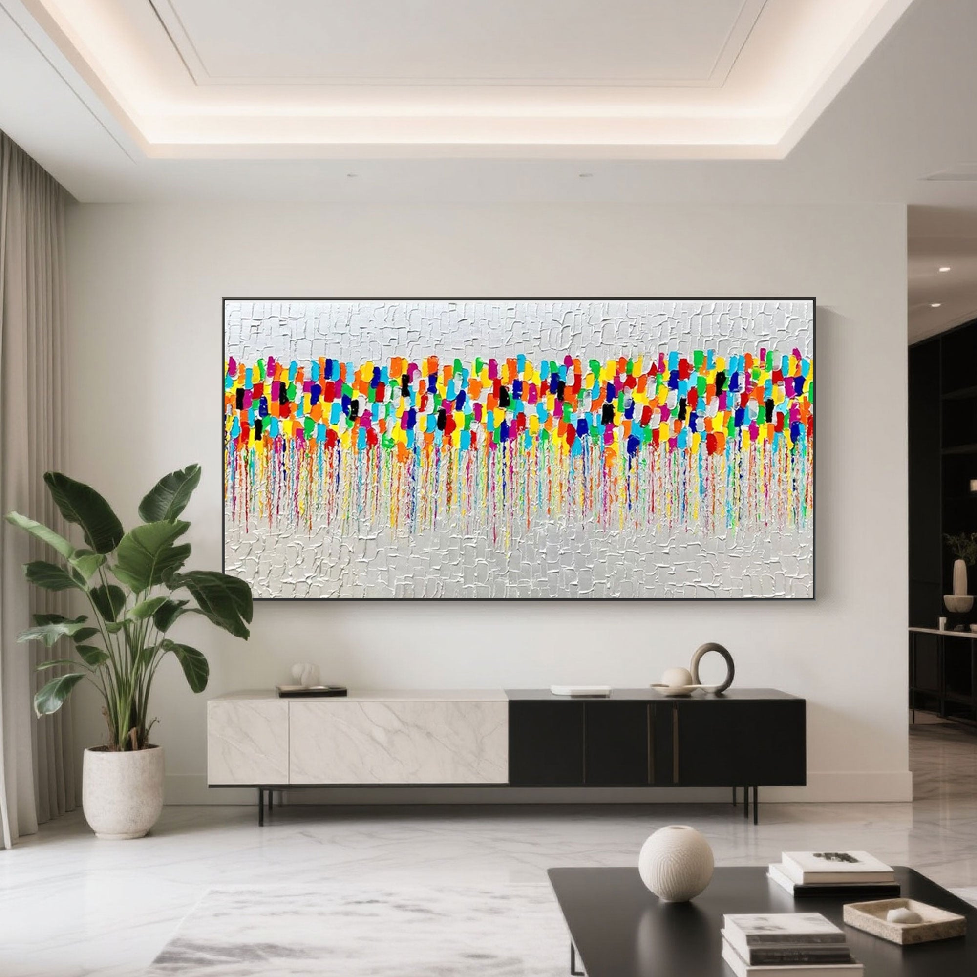 Abstract 'Pulse' canvas art in a modern living room setting.