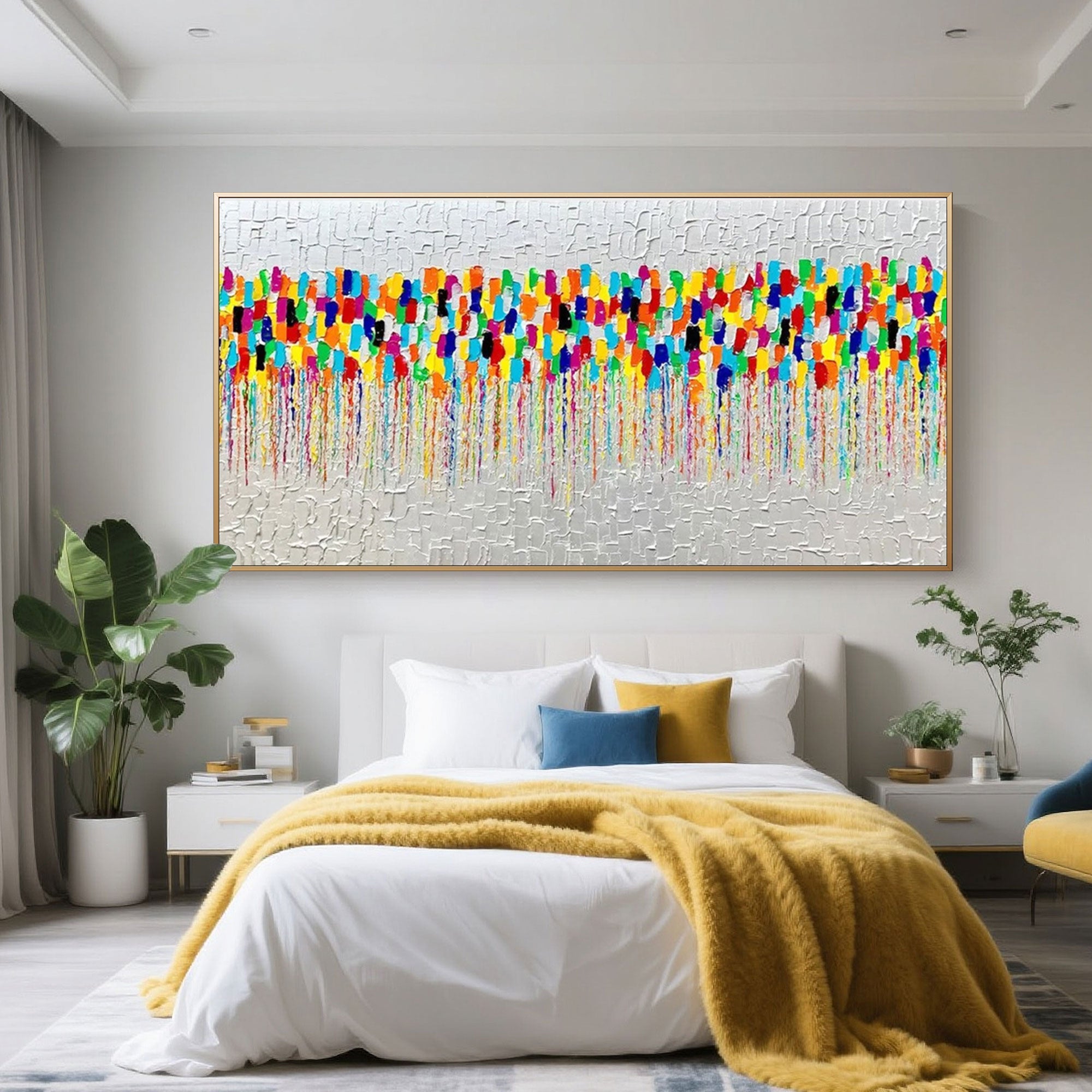 Colorful 'Pulse' abstract art above a bed in a modern bedroom setting.