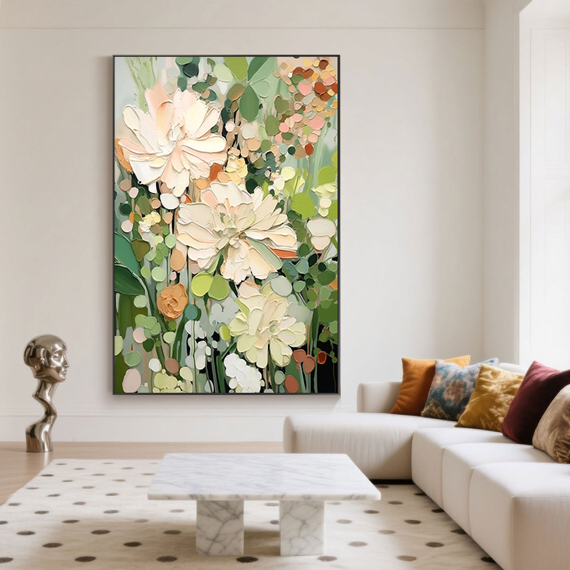 Modern floral canvas art displayed above a white couch in a living room.