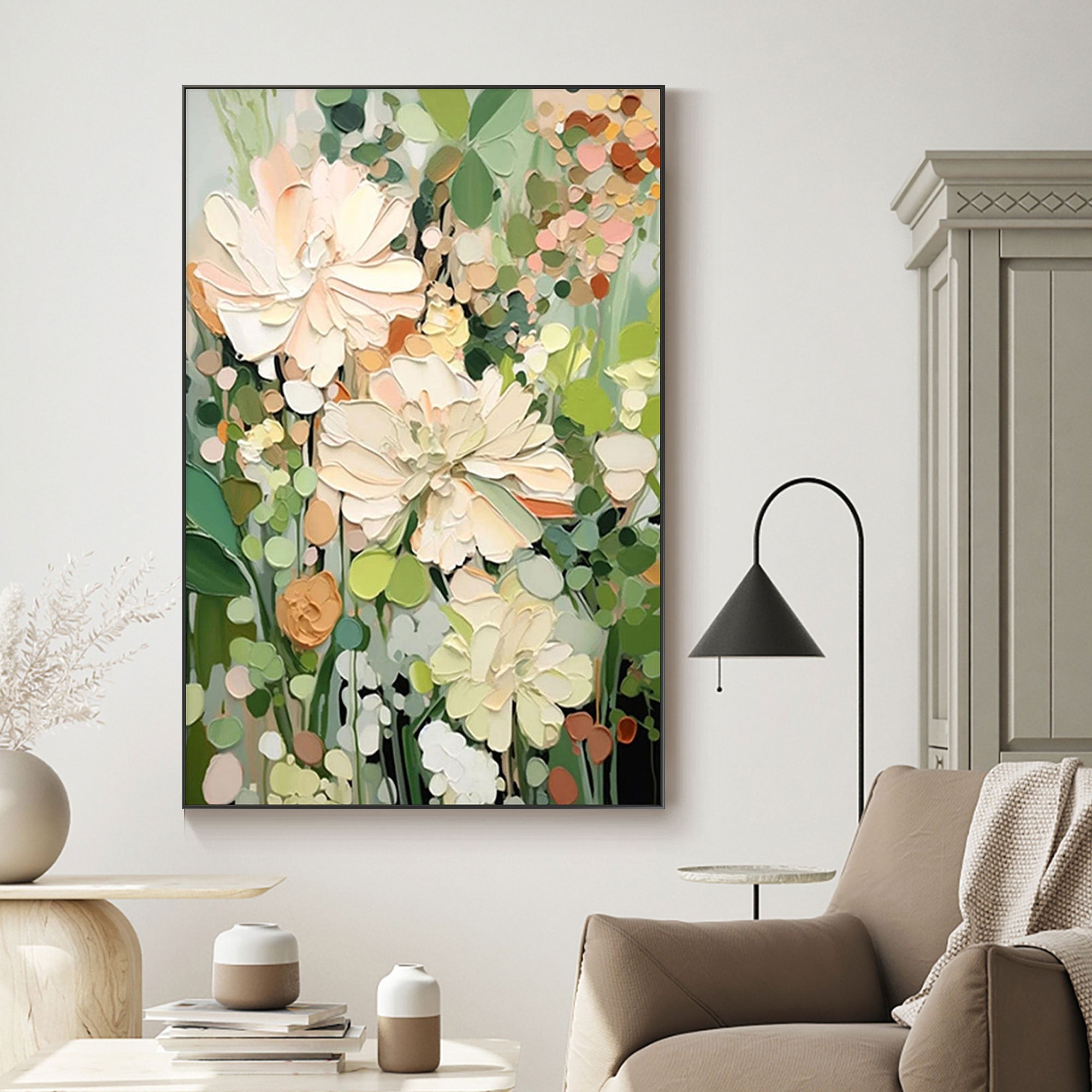 Verdant Light floral canvas art in a modern living room setting.
