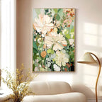 Floral canvas art with a gold frame in a neutral living space.
