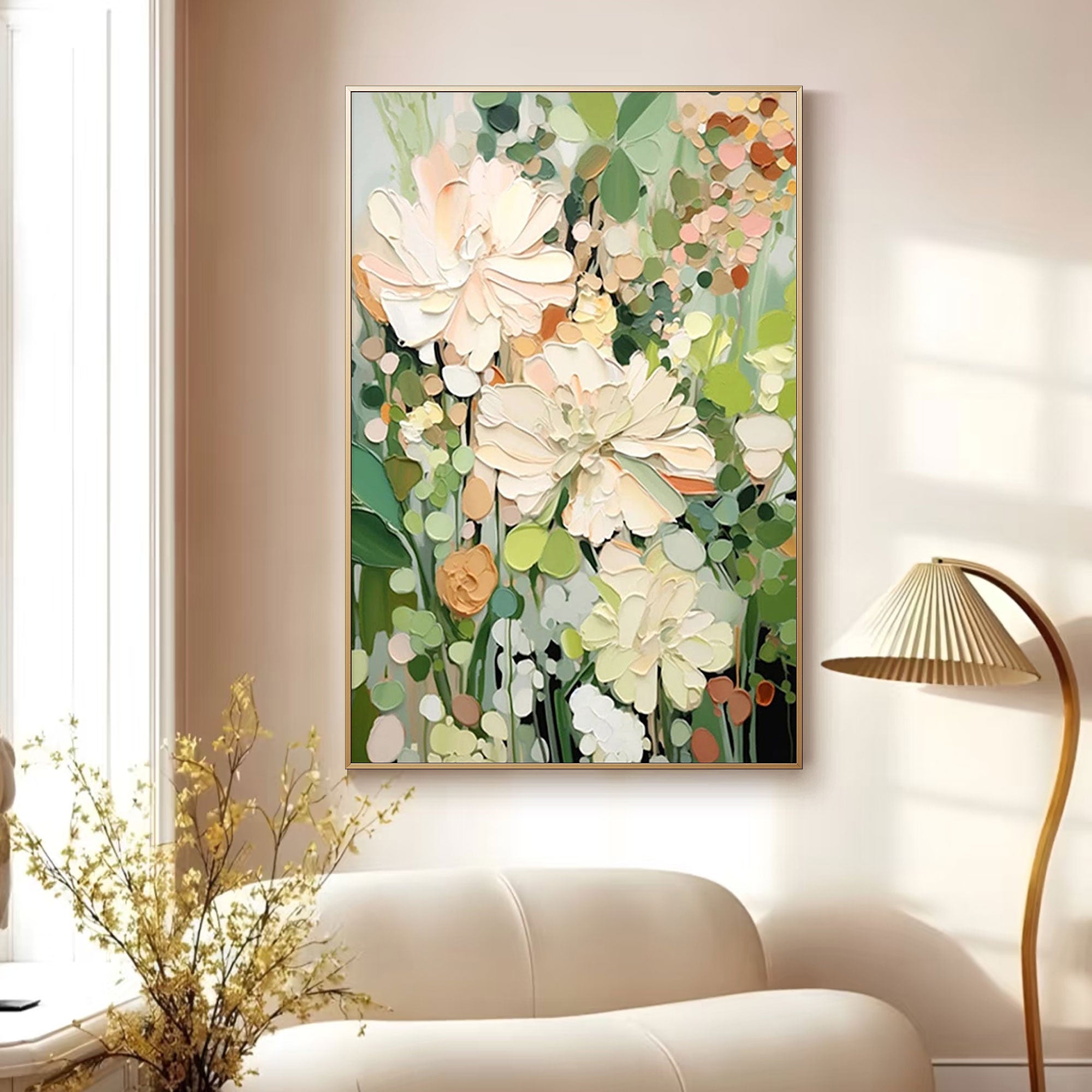 Floral canvas art with a gold frame in a neutral living space.