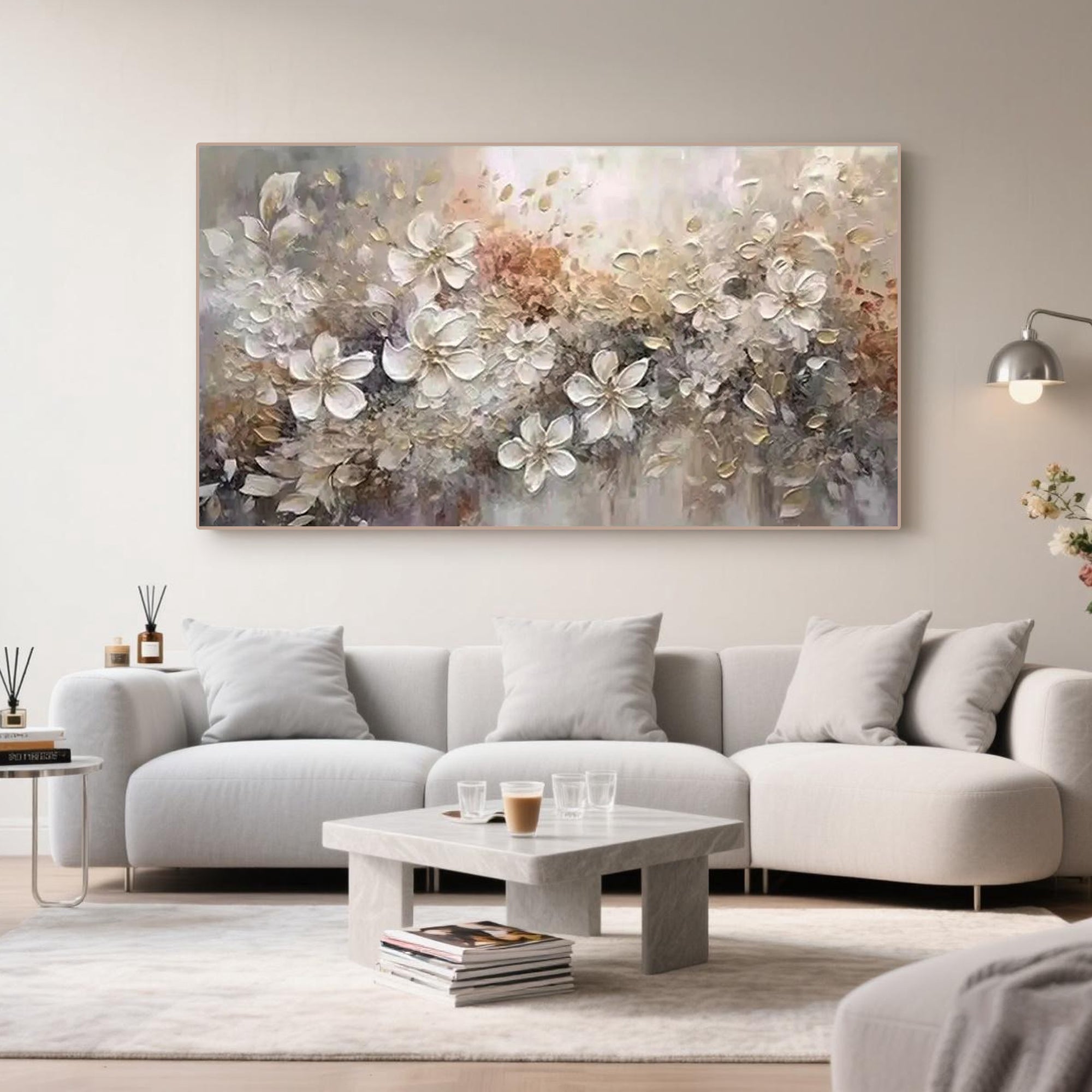 Close-up of white floral details in the Ethereal Harmony painting.