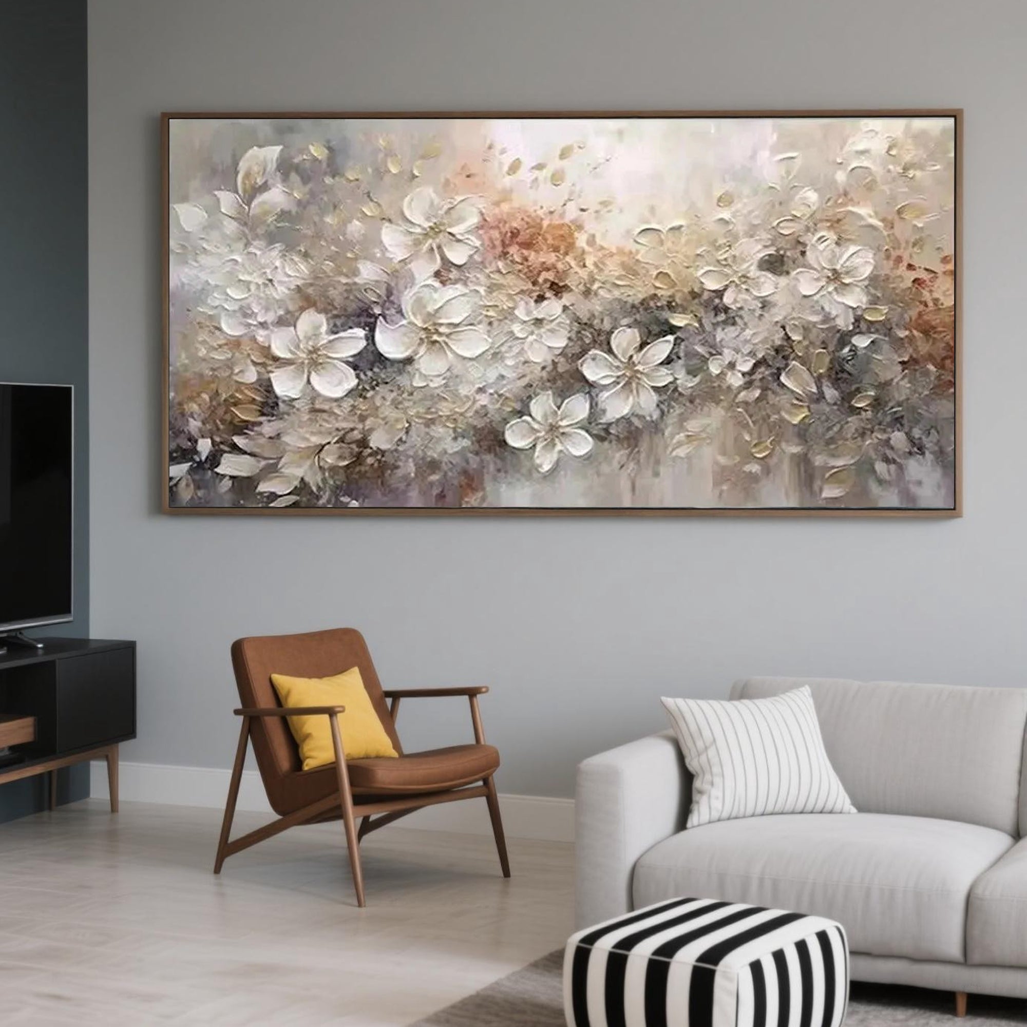 Modern living room featuring the Ethereal Harmony floral canvas art.