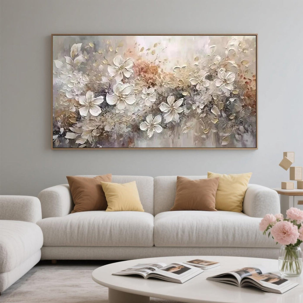 Close-up of white floral details in the Ethereal Harmony painting.