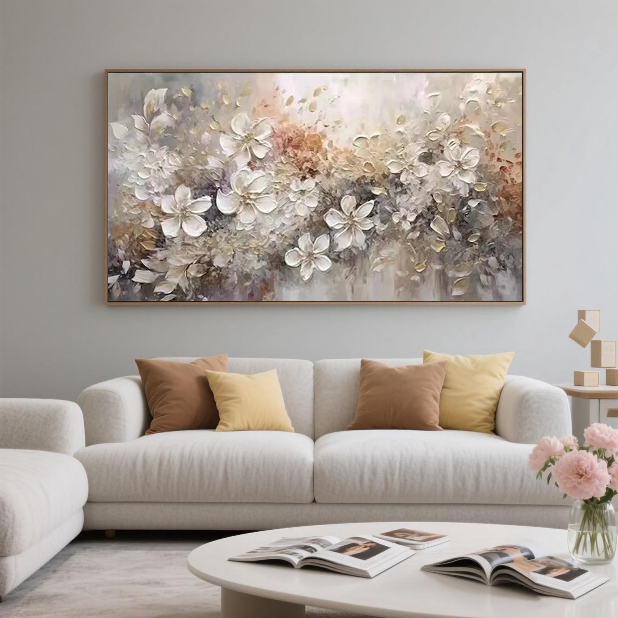 Close-up of white floral details in the Ethereal Harmony painting.