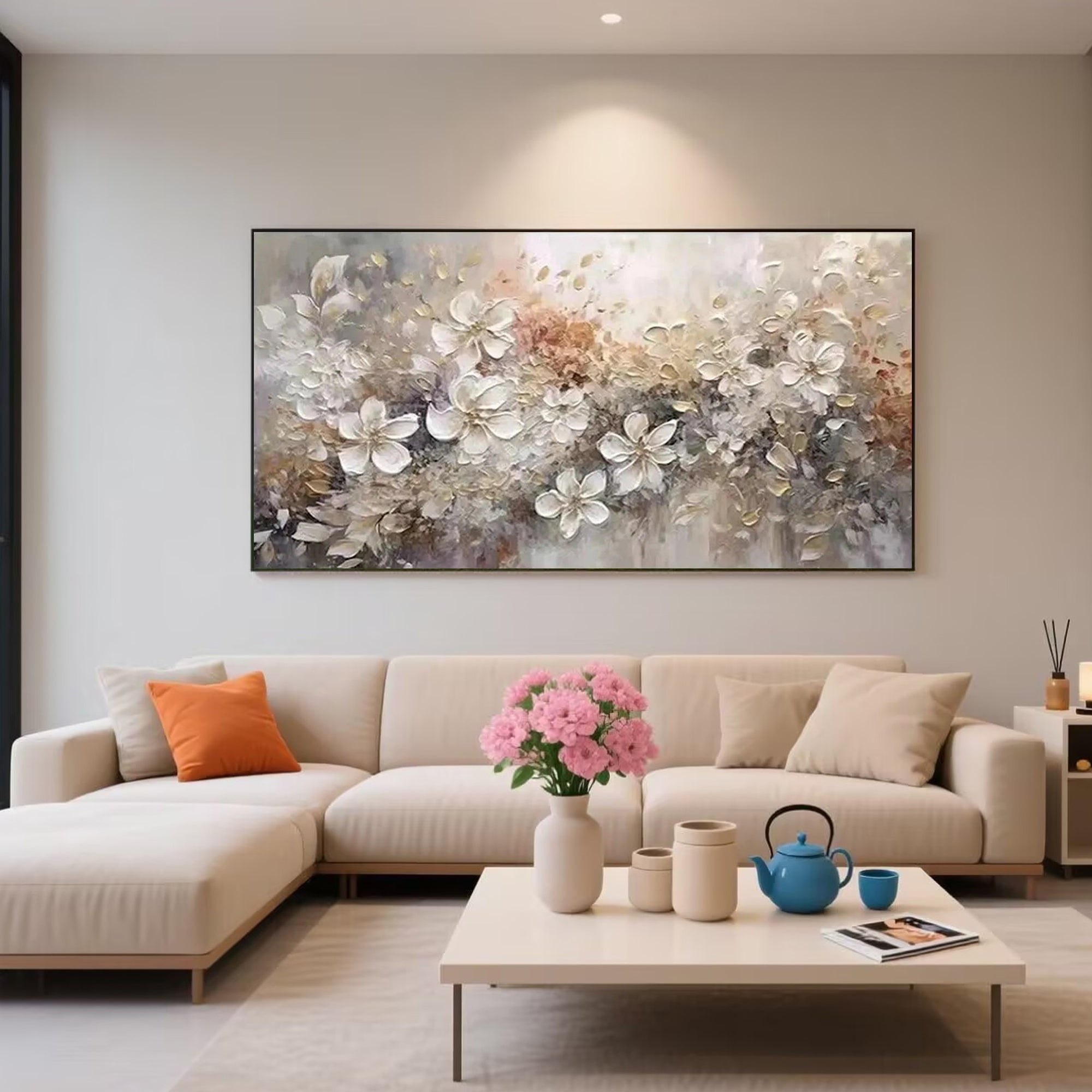 Close-up of white floral details in the Ethereal Harmony painting.