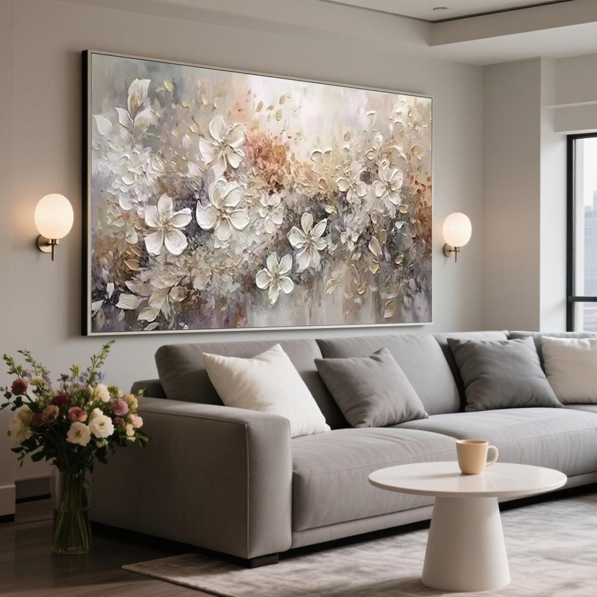 Ethereal Harmony floral painting above a gray sofa in a modern living room.