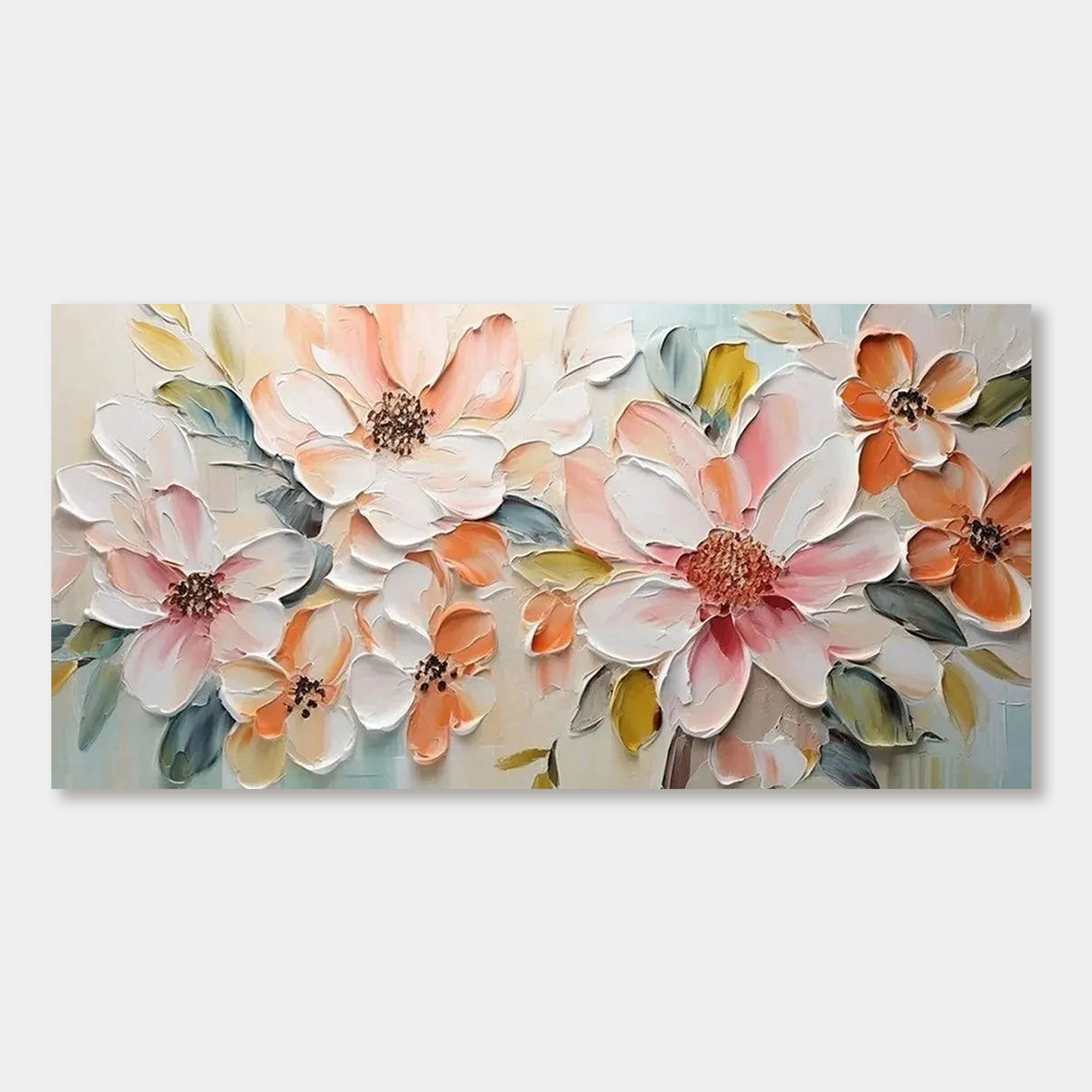 Modern floral wall art featuring hand-painted pink, peach, and white blossoms with a thick impasto texture.