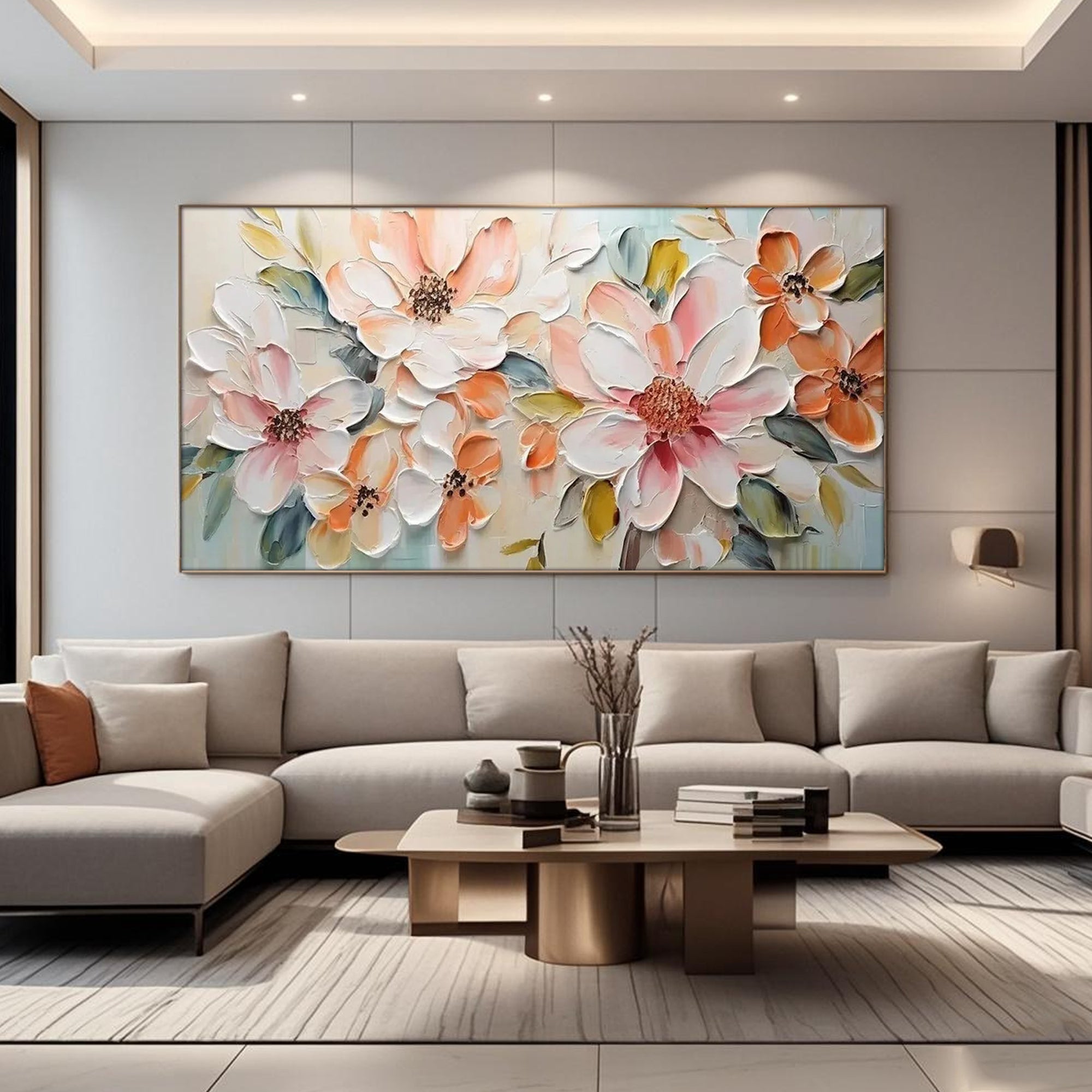 Living room with Flora Lucent floral canvas art. Impasto blossoms add vitality to the modern space.