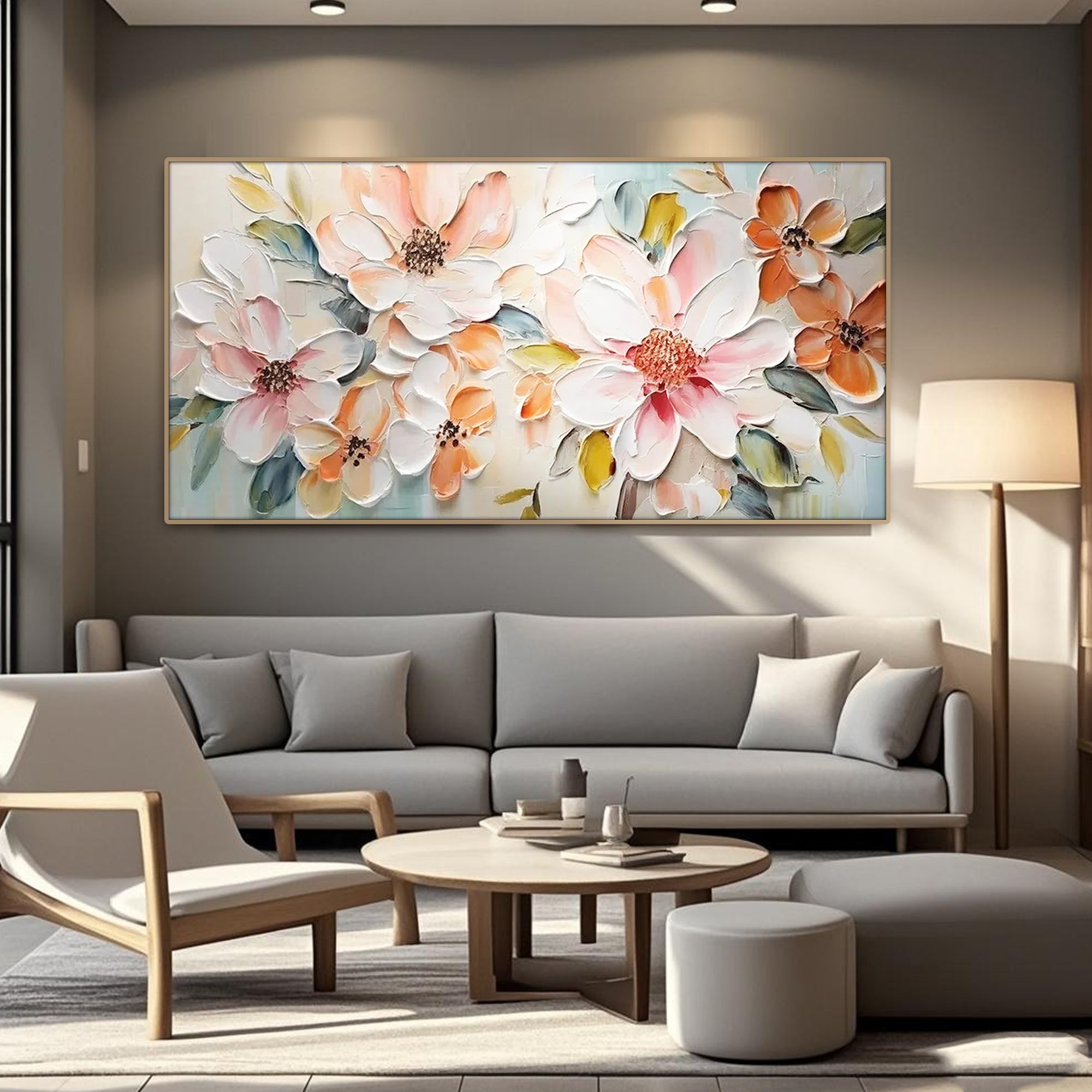 Contemporary lounge with horizontal floral wall art. Textured pink and peach blossoms create sophisticated interiors.