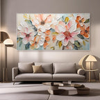 Minimalist living area with vibrant Flora Lucent floral canvas artwork in soft pink and peach.