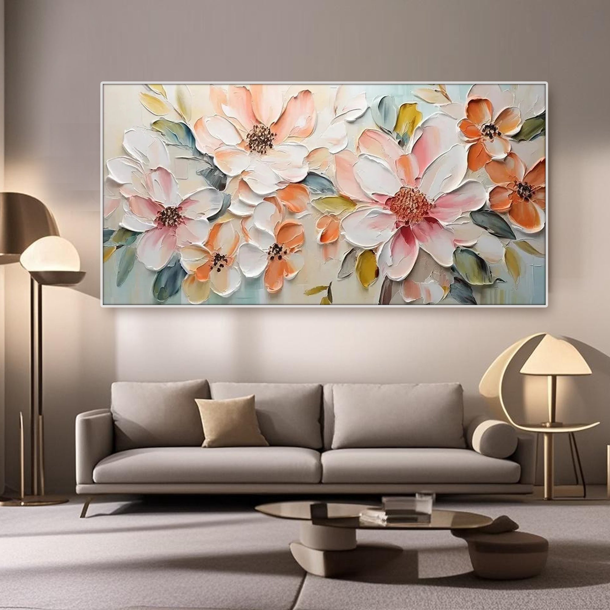 Minimalist living area with vibrant Flora Lucent floral canvas artwork in soft pink and peach.