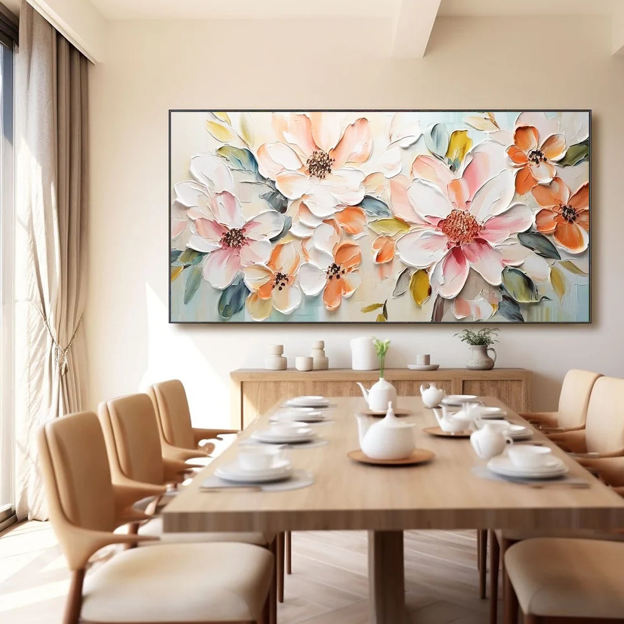 Bright dining room with Flora Lucent floral canvas art, textured impasto petals in soft pink and peach tones.