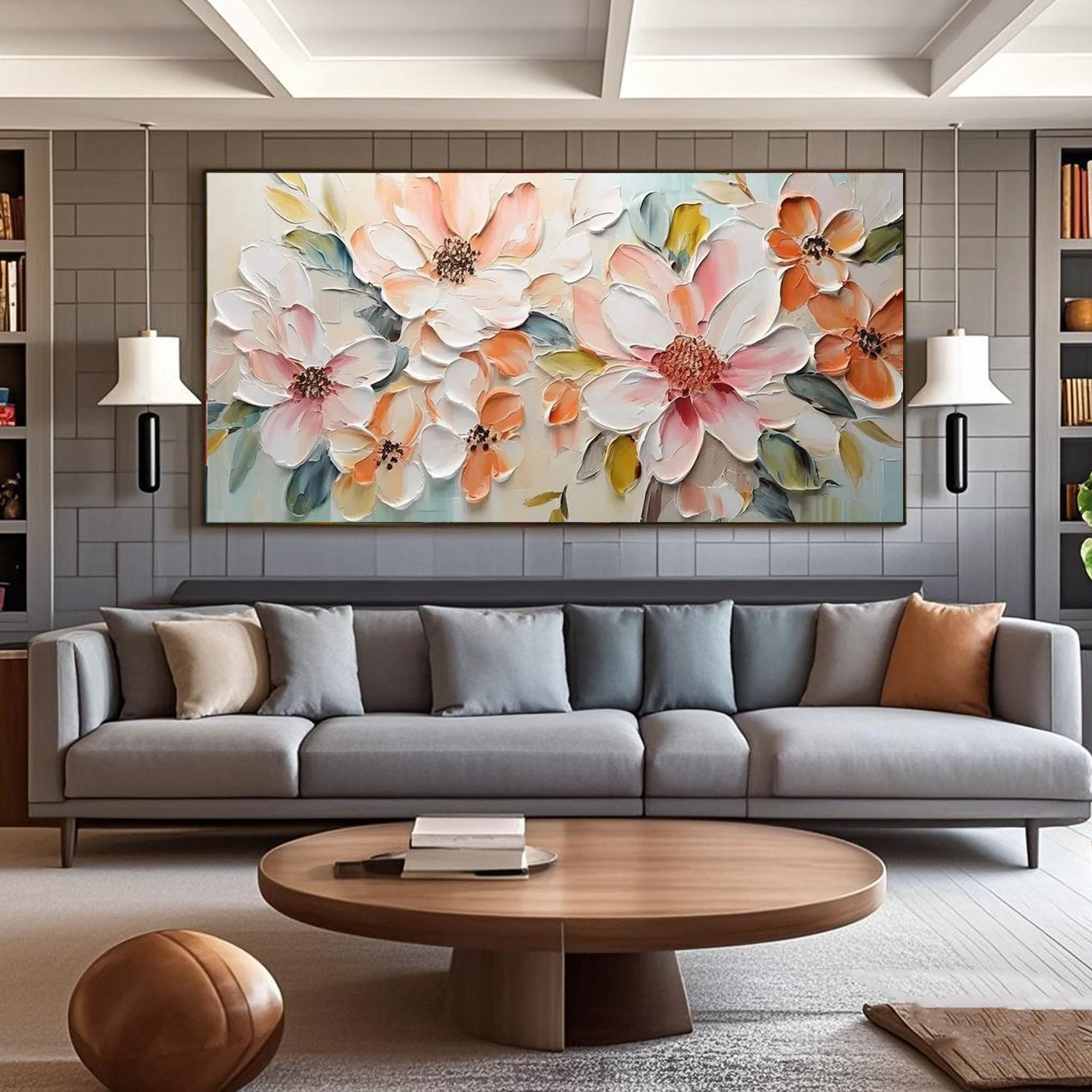 Stylish modern lounge with bold floral painting. Rich textures of pink, peach, and white blossoms.