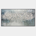 Modern Floral Wall Art: Abstract white blossoms on a serene grey-blue textured canvas.