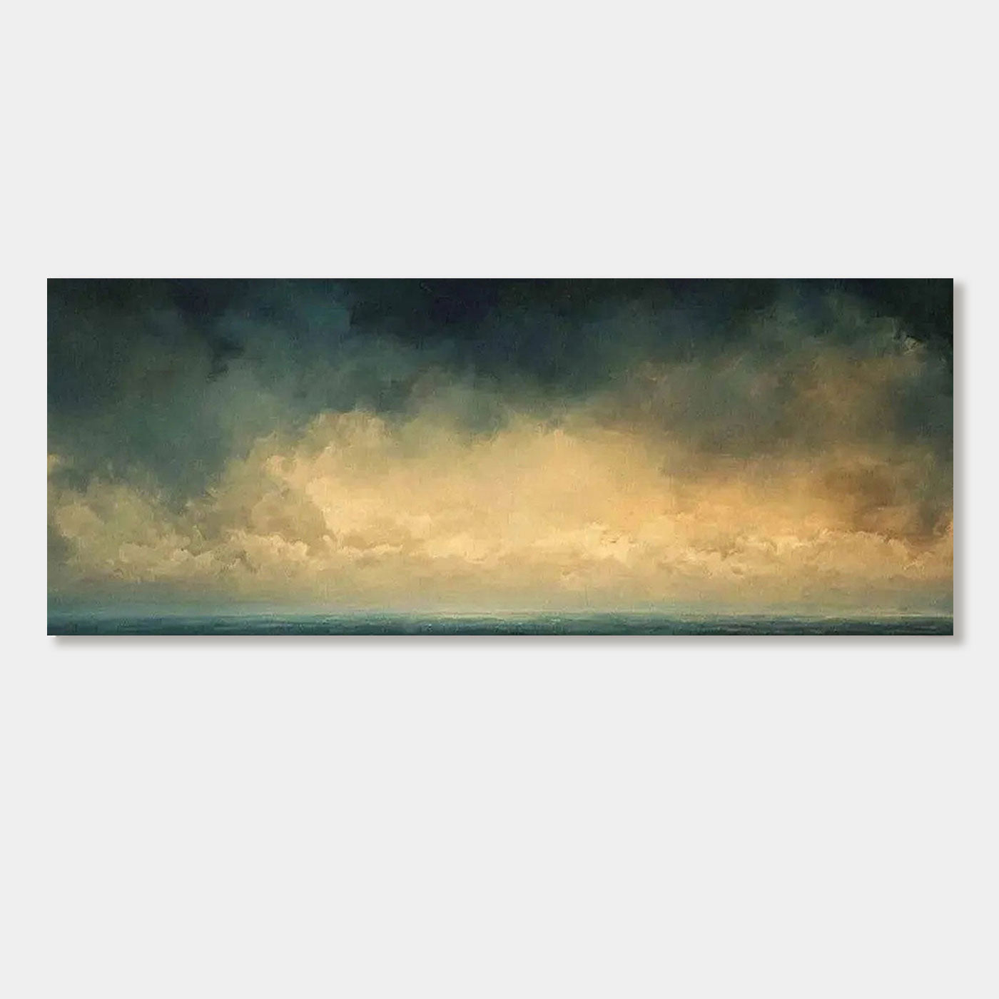 Modern ocean horizon painting with navy blues and golden hues.