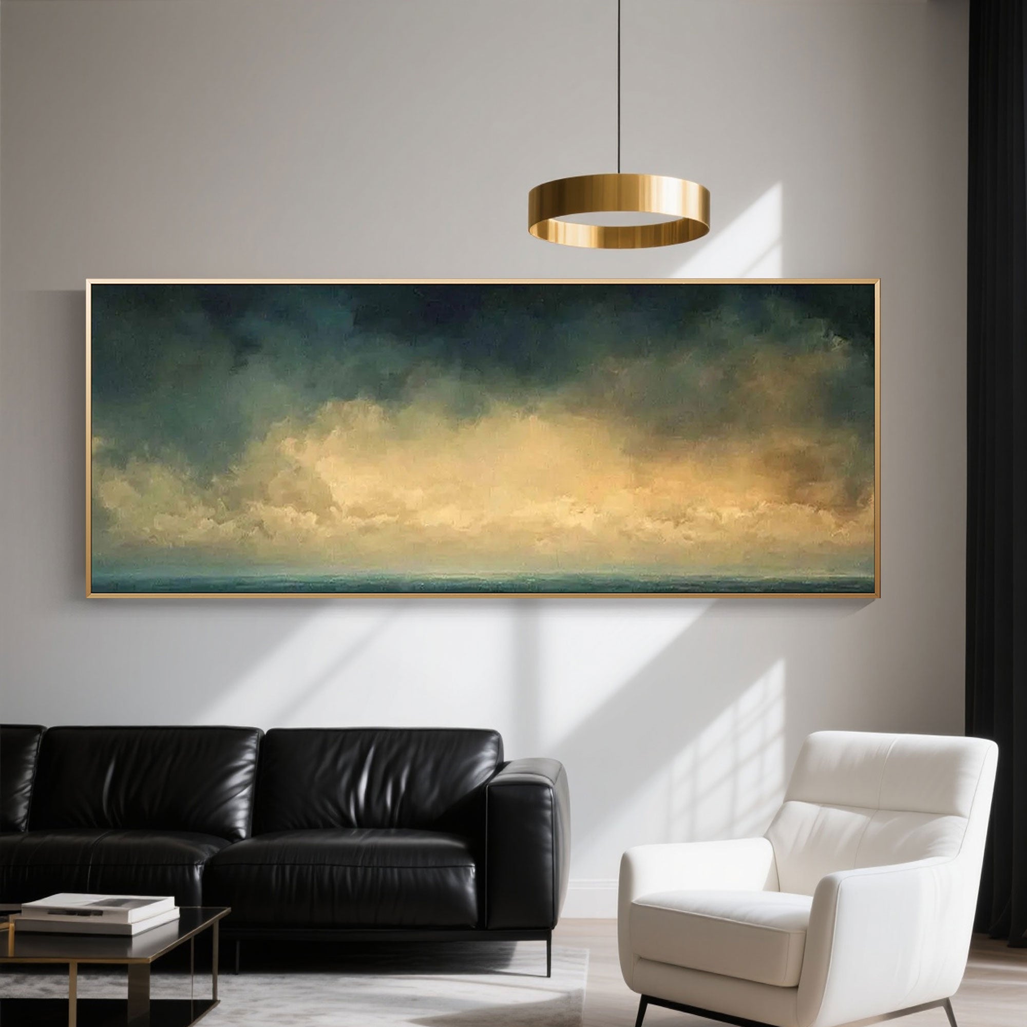 Ocean horizon painting in a living room with black sofa.