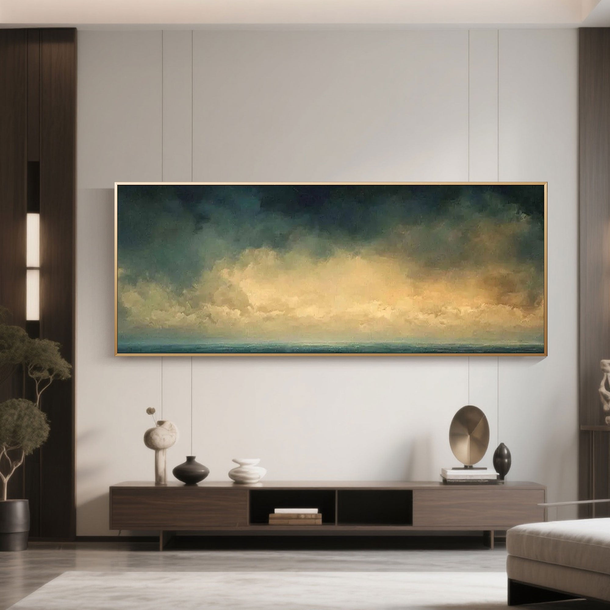 Modern ocean painting above console table in living room.