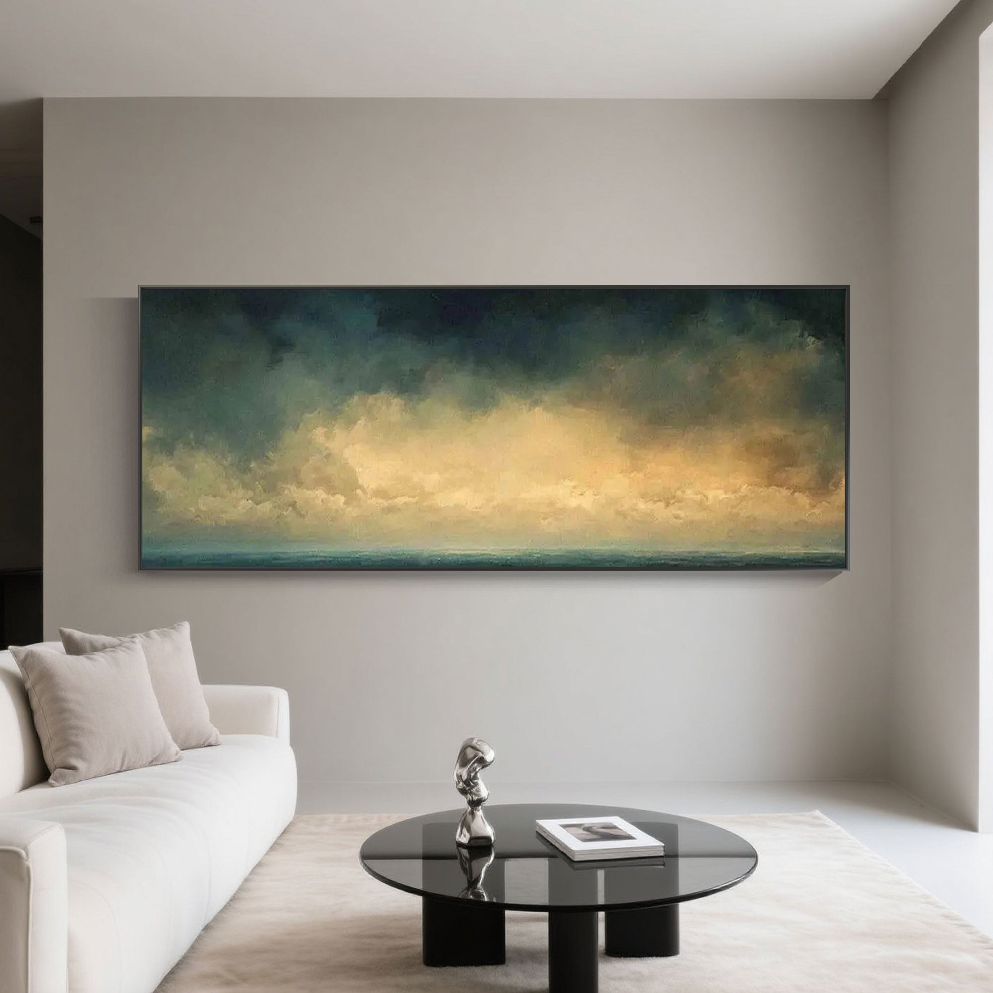 Ocean horizon painting with navy blues and golden hues.