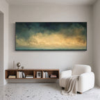 Ocean horizon painting with navy blues and golden hues.