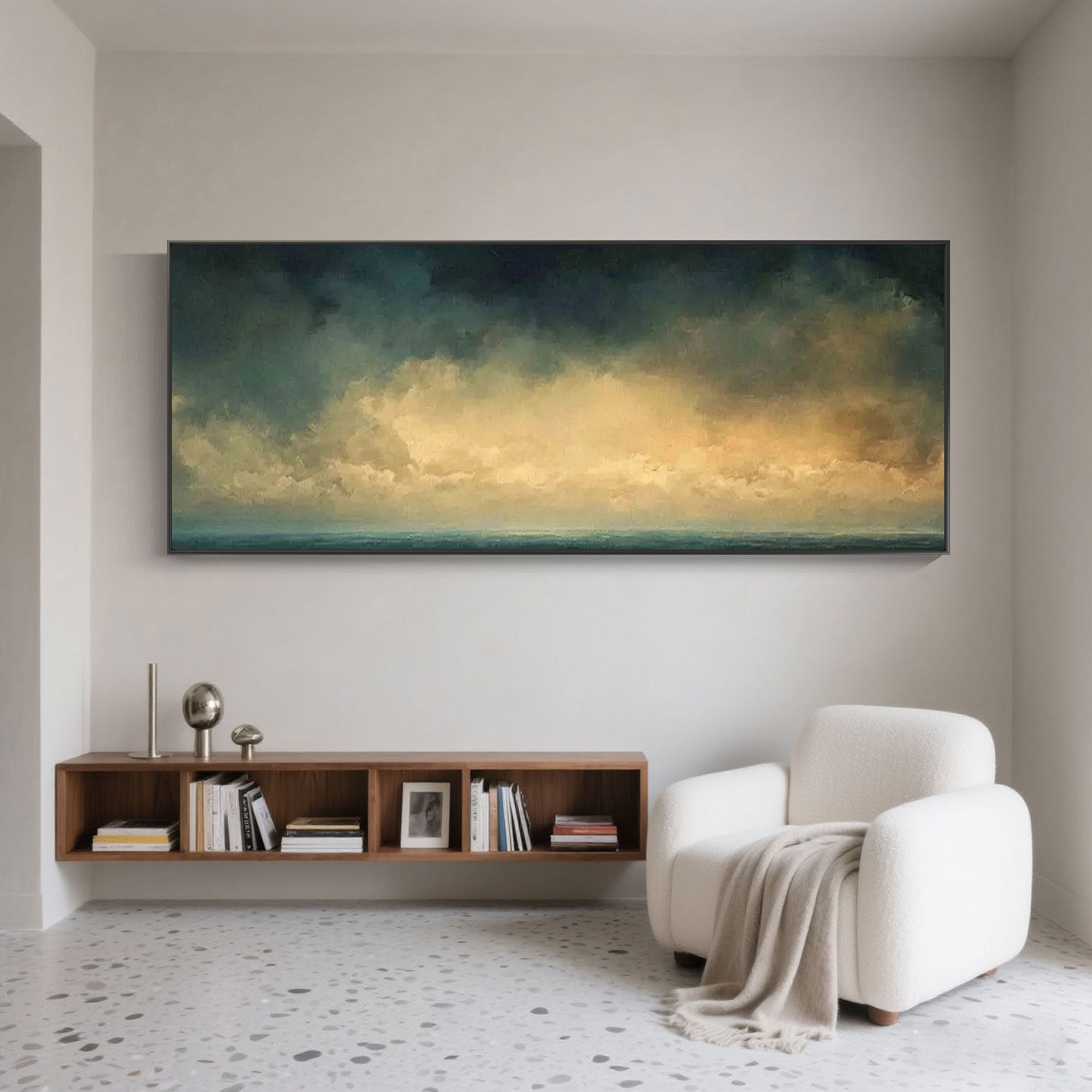 Ocean horizon painting with navy blues and golden hues.