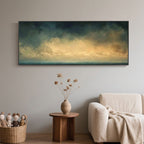 Ocean horizon painting with navy blues and golden hues.