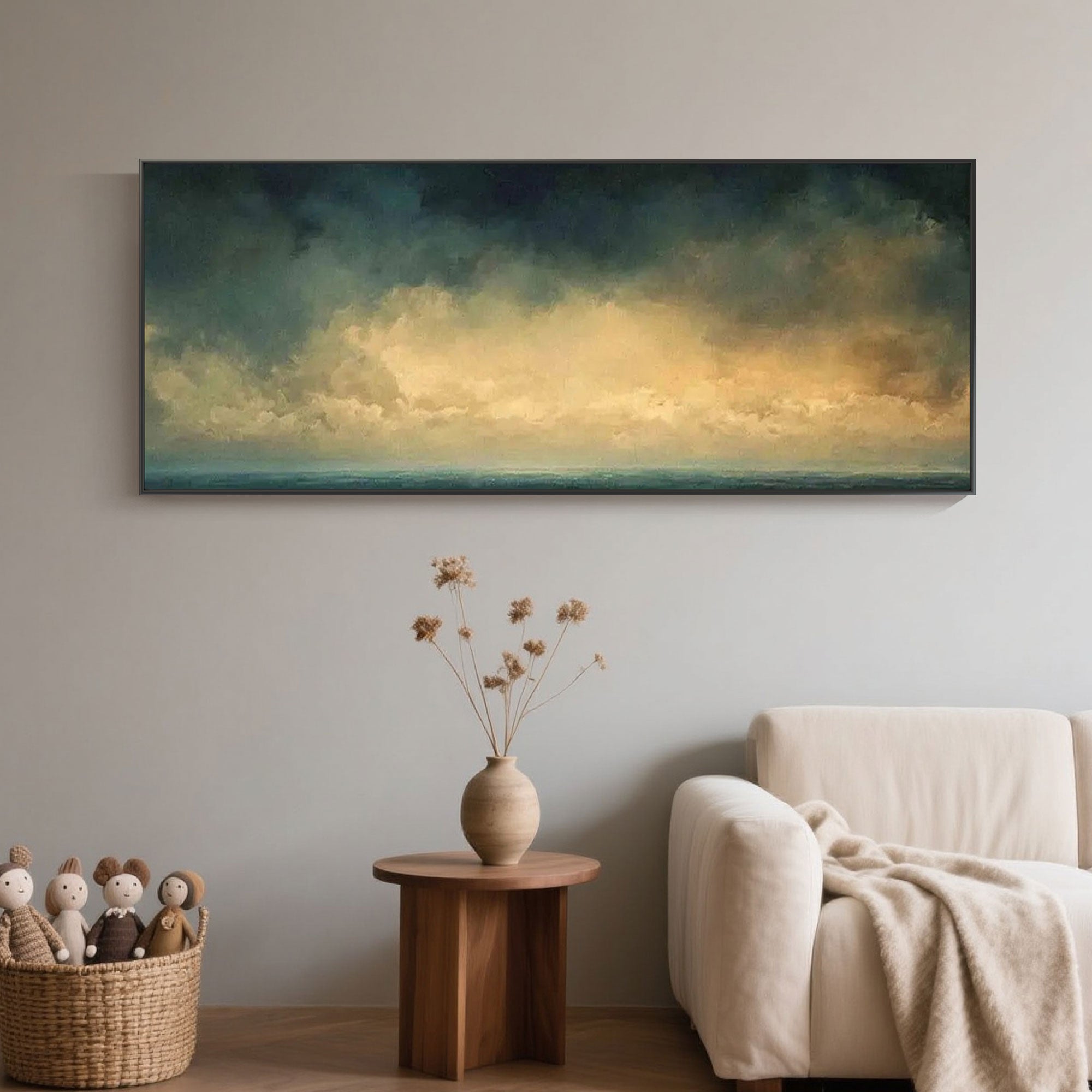 Ocean horizon painting with navy blues and golden hues.