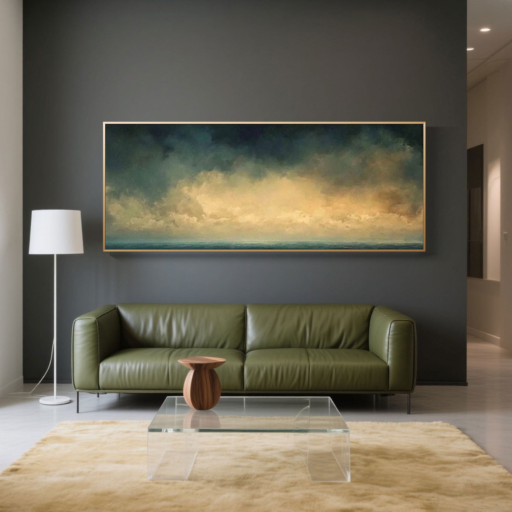 Ocean horizon painting with navy blues and golden hues.