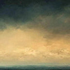 Ocean horizon painting with navy blues and golden hues.