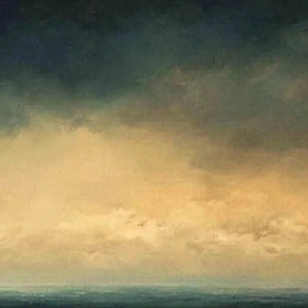 Ocean horizon painting with navy blues and golden hues.