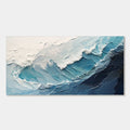Modern ocean wave canvas art with textured, hand-painted brushstrokes in shades of blue and white.