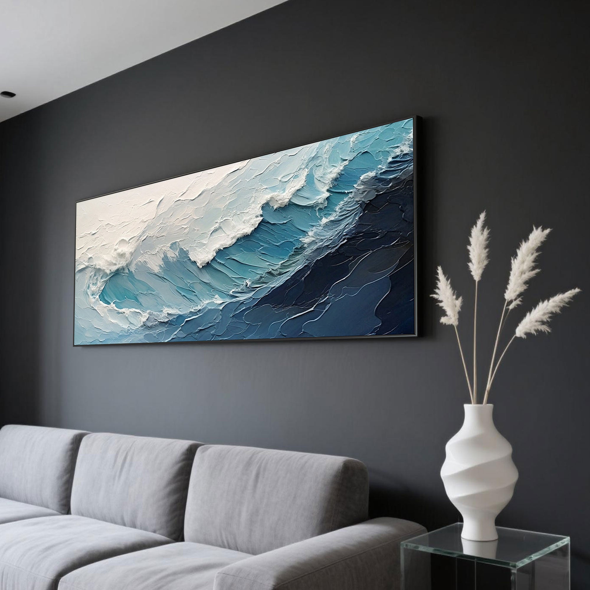 Modern ocean wave canvas art with textured, hand-painted brushstrokes in shades of blue and white.
